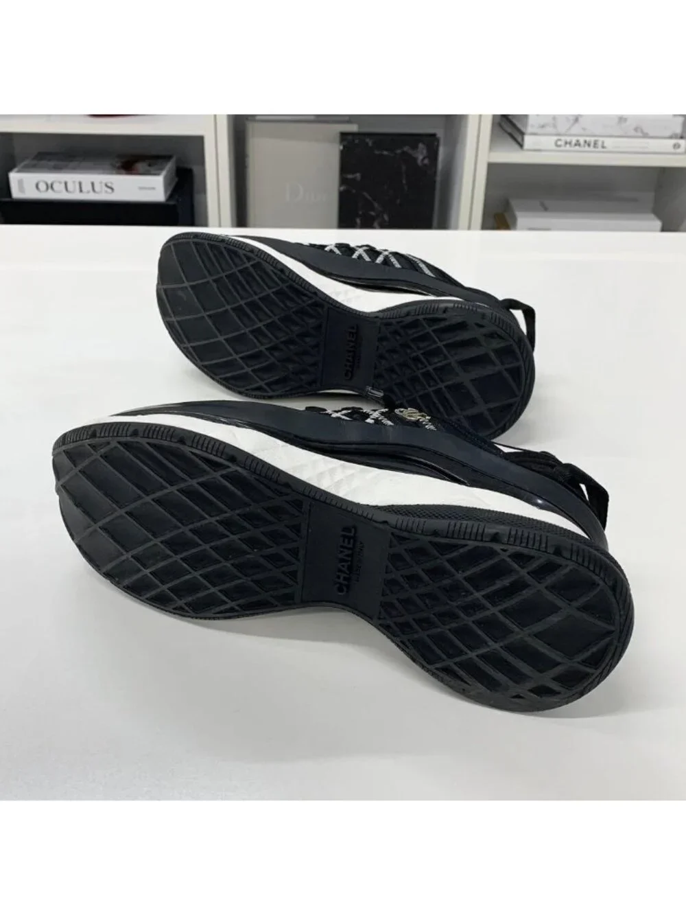 Chanel CC Logo Fabric Leather Sneakers Black White